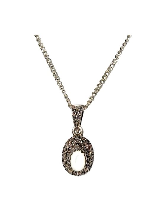 Unknown Jewelry - Vintage Sterling Silver Moonstone & Marcasite Pendant Necklace 19" Long